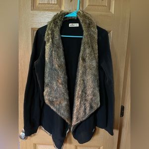 Size Large black with tan fur collar Hollister cardigan.